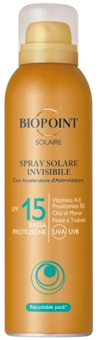 Biopoint Solaire Spray Solare Invisibile SPF15 Bassa Protezione, con Acceleratore di Abbronzatura, 150 ml